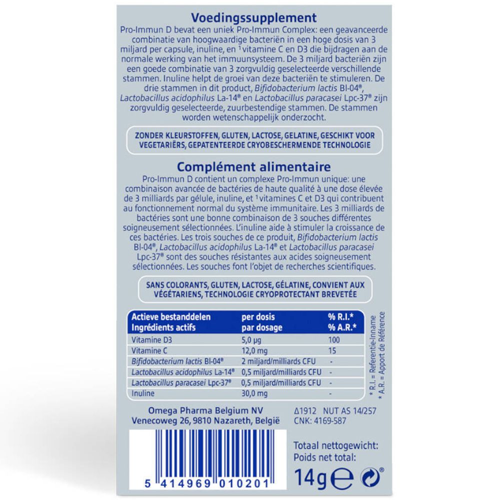 Achterkant van de Davitamon Pro-Immun D verpakking. Bevat informatie over ingrediënten en voedingswaarde. Witte tekst op grijze achtergrond.
