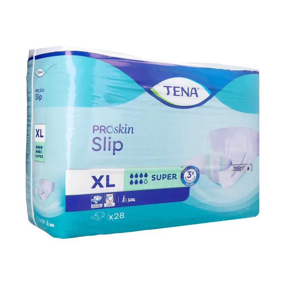 Paquet de TENA ProSkin Slip Plus XL. Emballage bleu et blanc avec nom du produit et indication de taille XL.