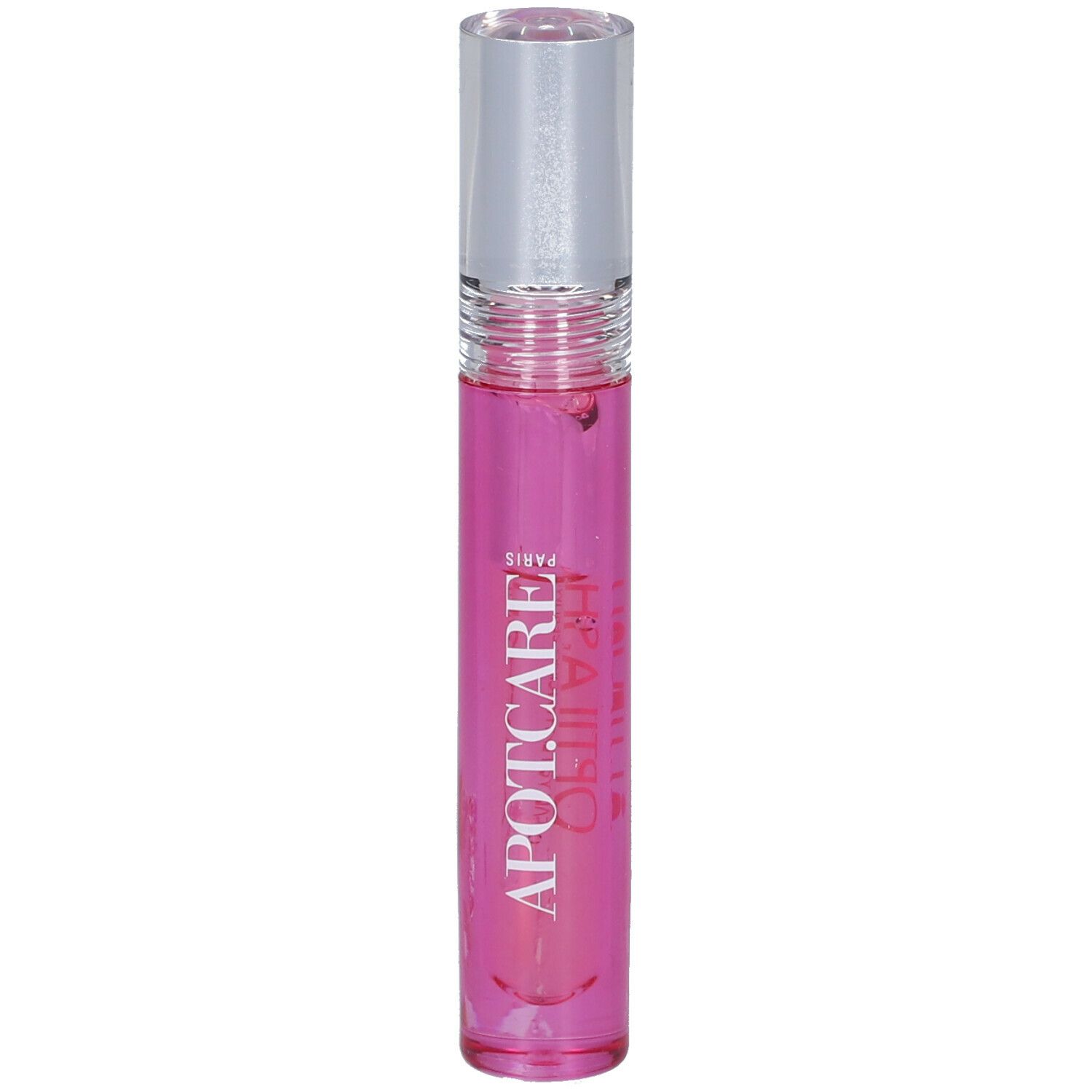 Flacon cylindrique rose avec bouchon transparent. Inscription: APOT.CARE PARIS.