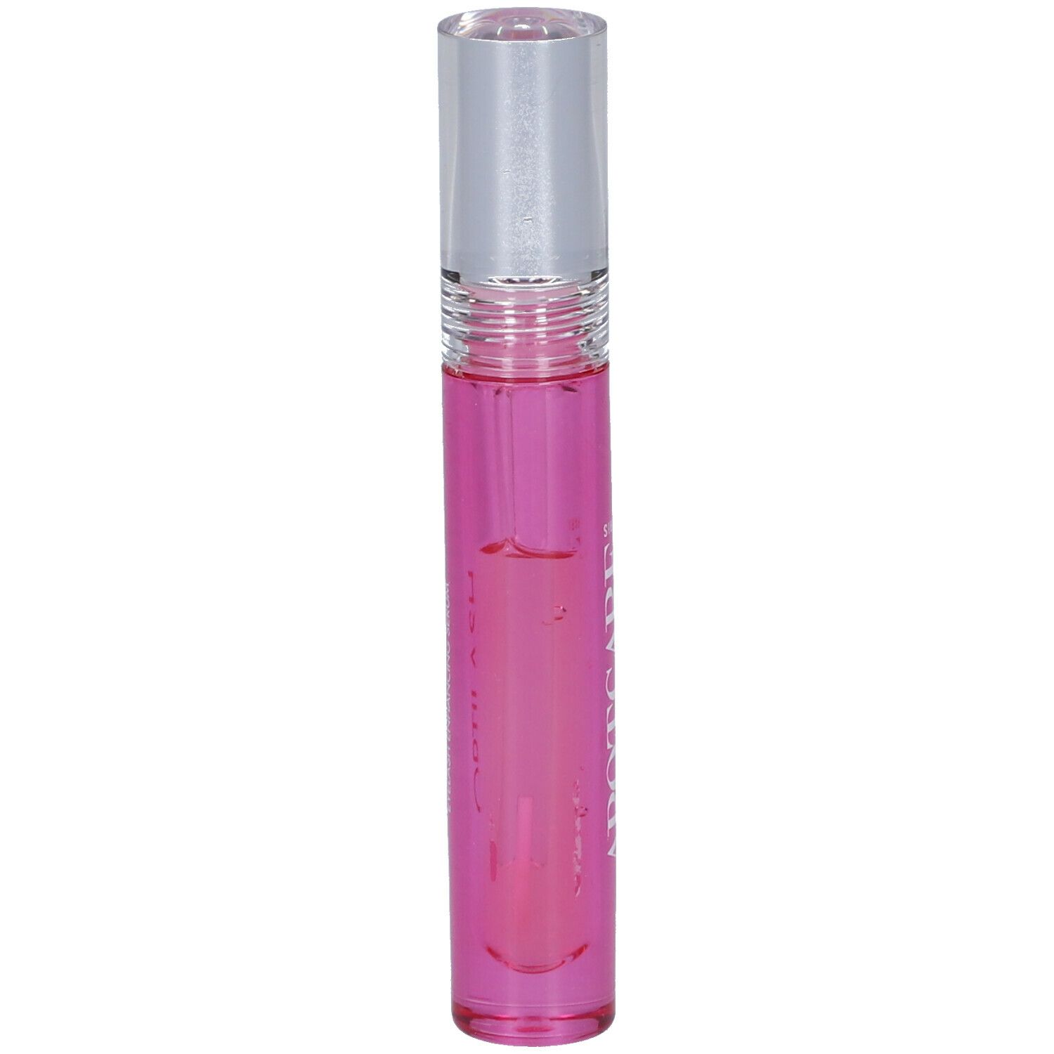 Flacon cylindrique rose avec bouchon transparent. Inscription: APOT.CARE PARIS.