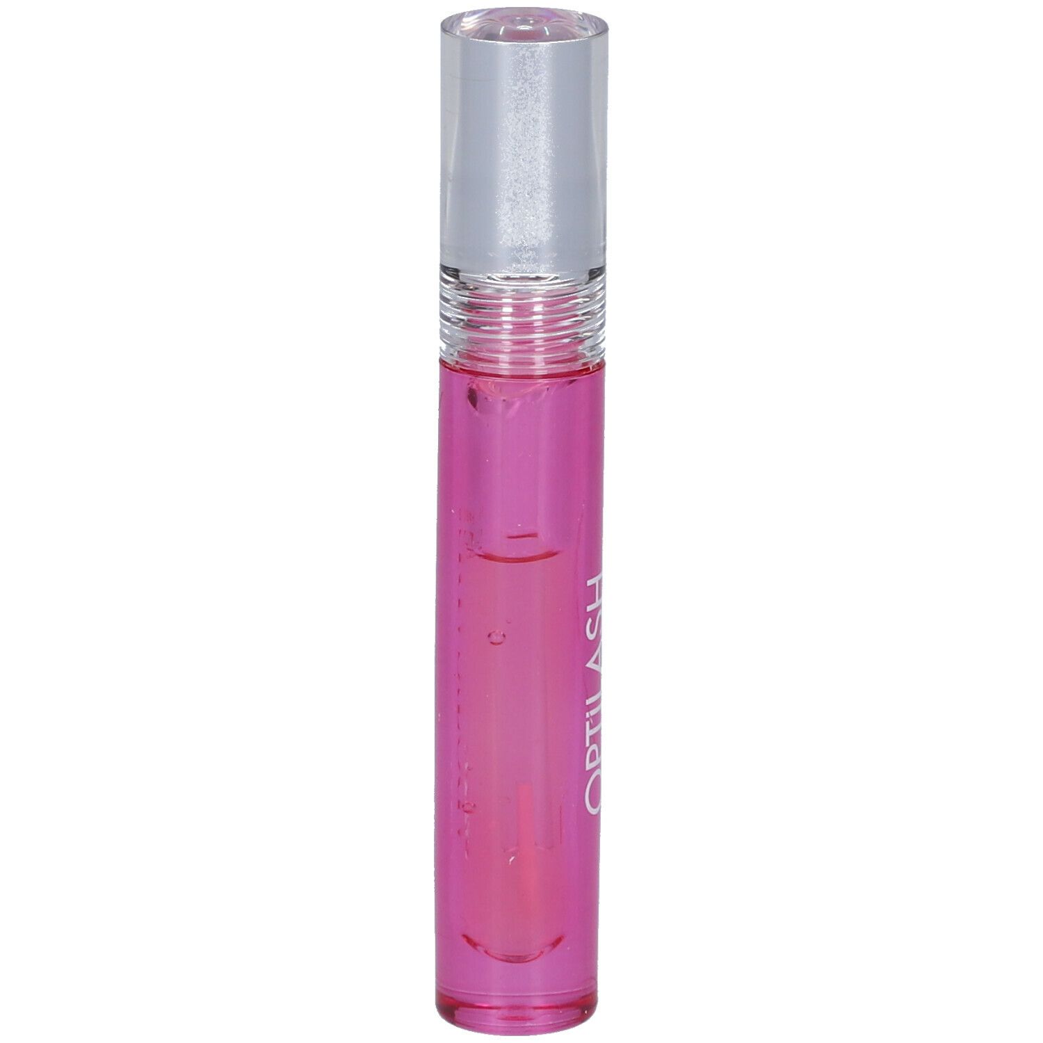 Flacon cylindrique rose avec bouchon transparent. Inscription: OPTILASH.