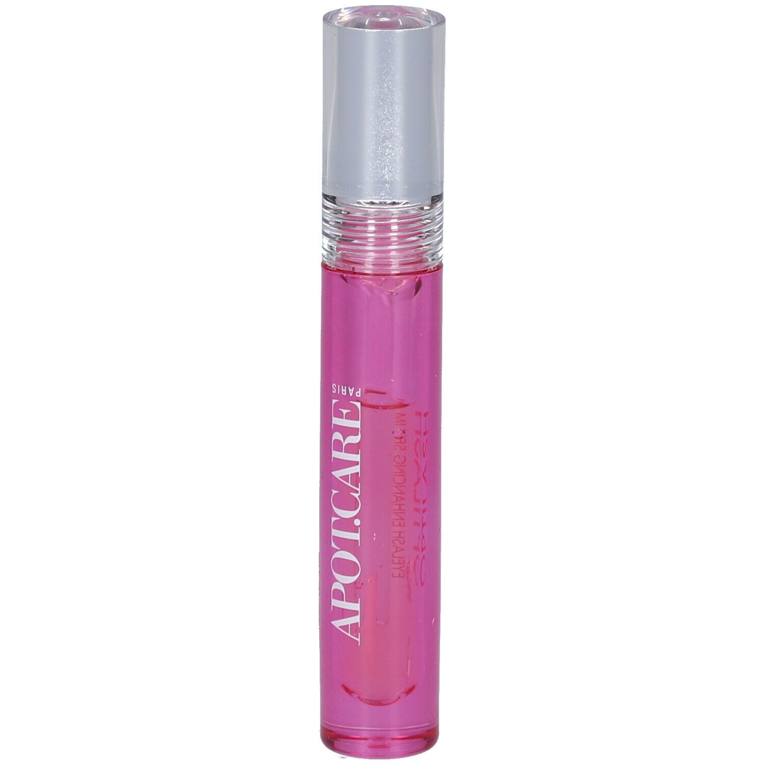 Flacon cylindrique rose avec bouchon transparent. Inscription: APOT.CARE.