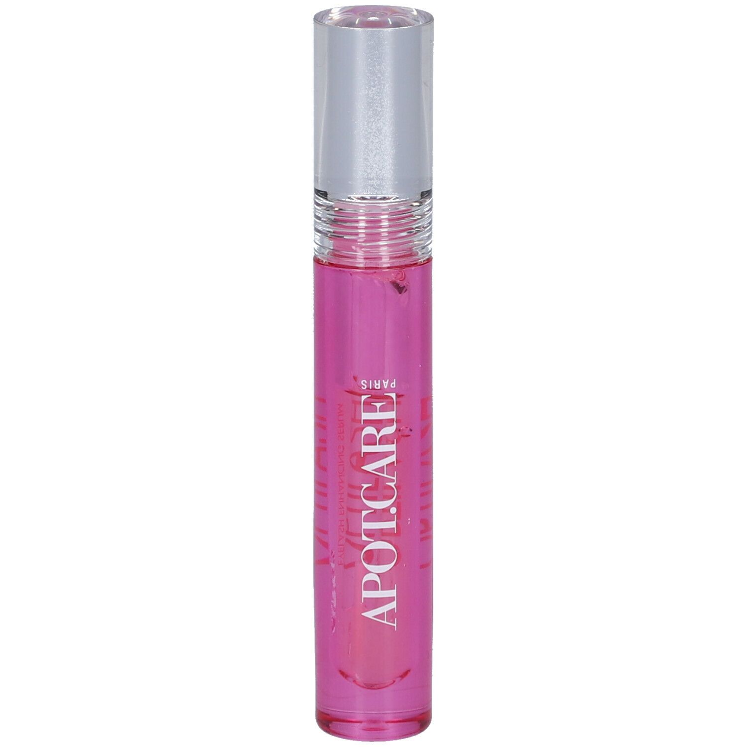 Flacon cylindrique rose avec bouchon transparent. Inscription: APOT.CARE PARIS.