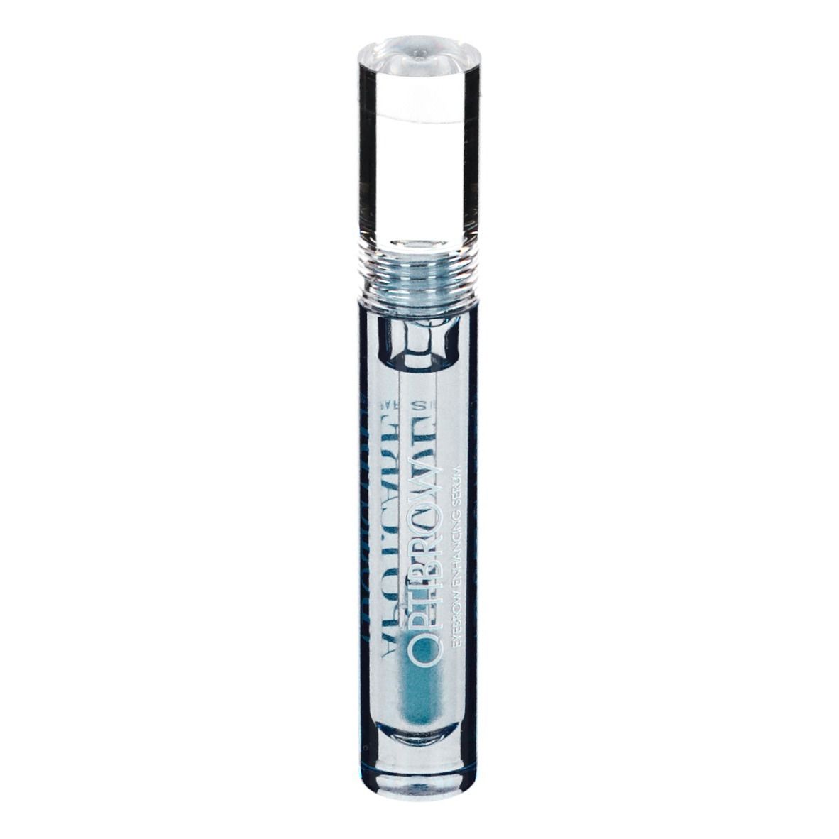 Flacon transparent avec sérum bleu et bouchon transparent. Texte: Obtibrow.