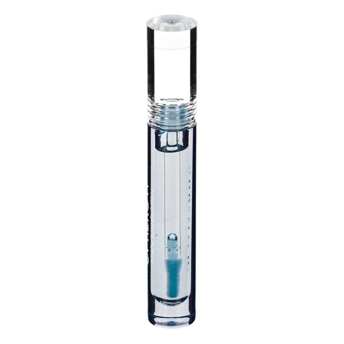 Flacon transparent avec sérum bleu et bouchon transparent. Texte: Obtibrow.