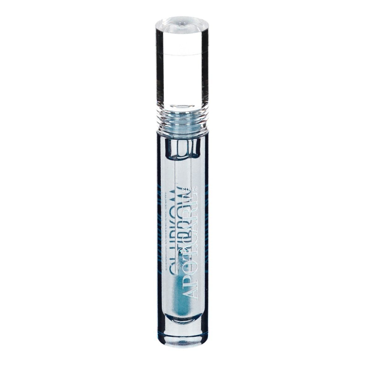 Flacon transparent avec sérum bleu et bouchon transparent. Texte: Obtibrow.