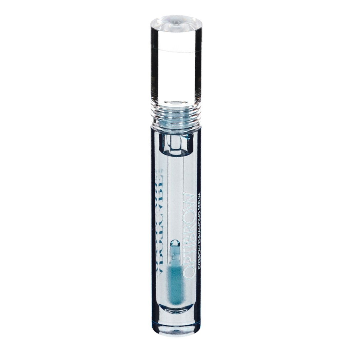 Flacon transparent avec sérum bleu et bouchon transparent. Texte: Obtibrow.