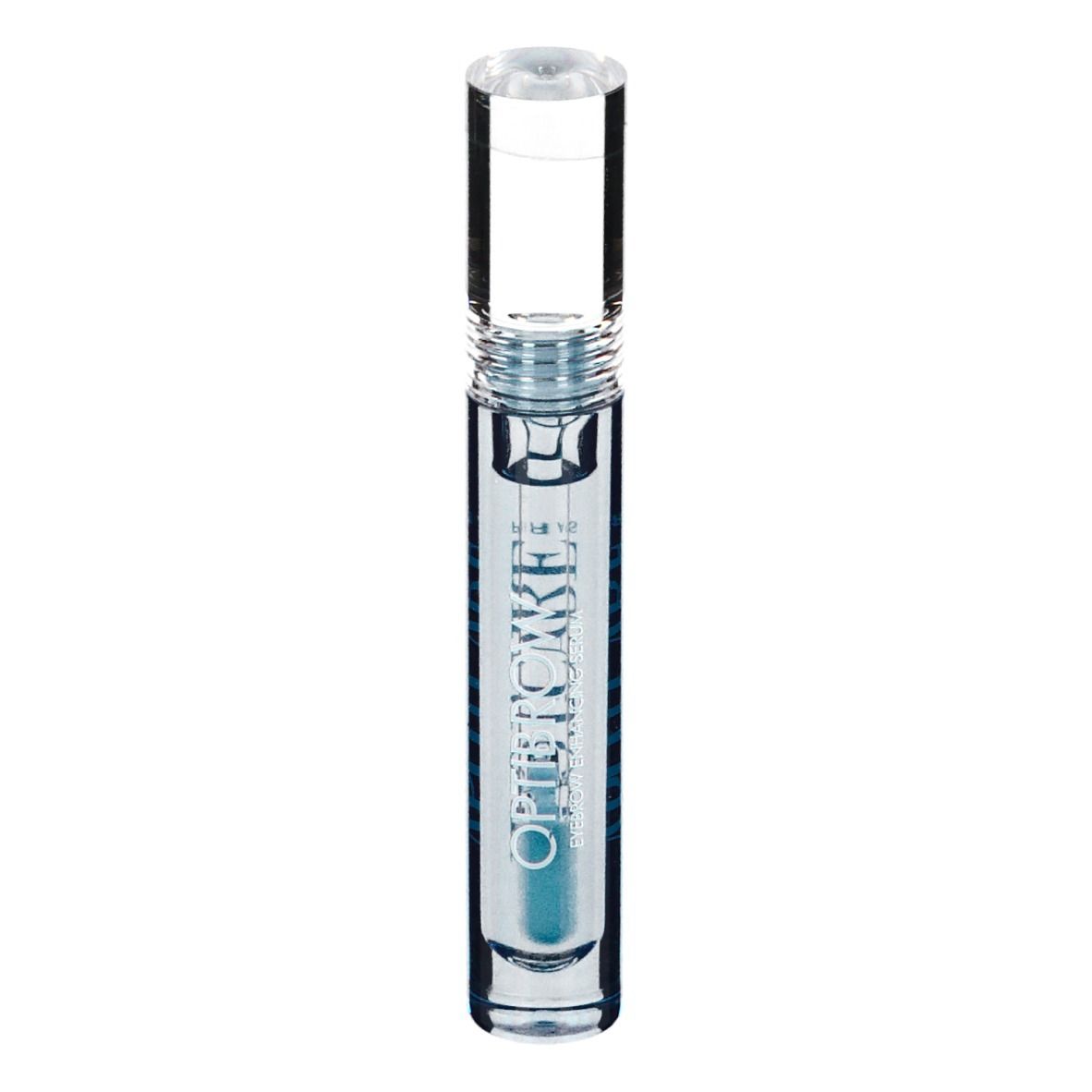 Flacon transparent avec sérum bleu et bouchon transparent. Texte: Obtibrow.