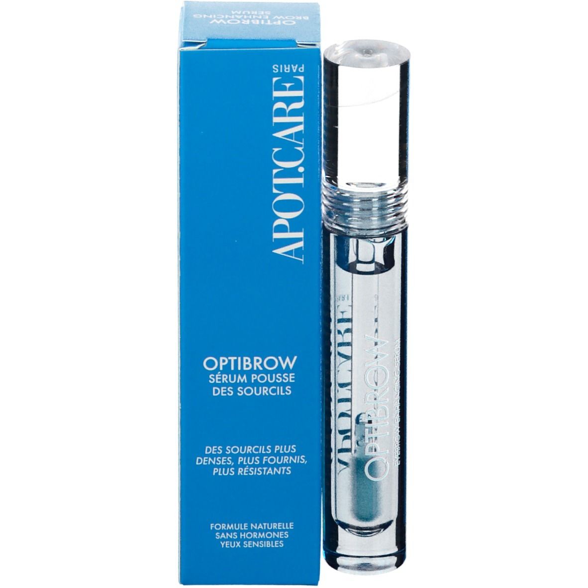 Boîte bleue avec flacon de produit. Texte: APOT.CARE, OPTIBROW, Sérum sourcils.