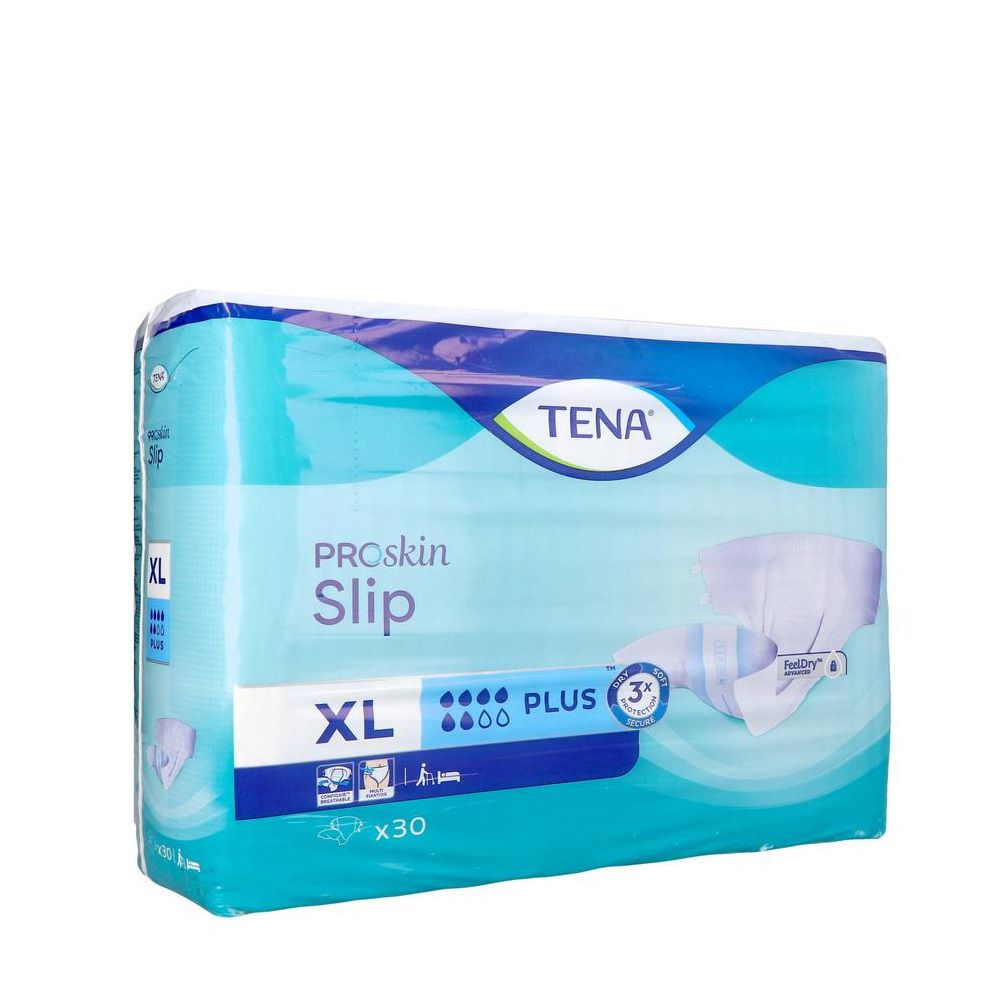 Paquet de TENA ProSkin Slip Plus XL. Emballage bleu avec nom du produit, taille XL et indication d'absorption.