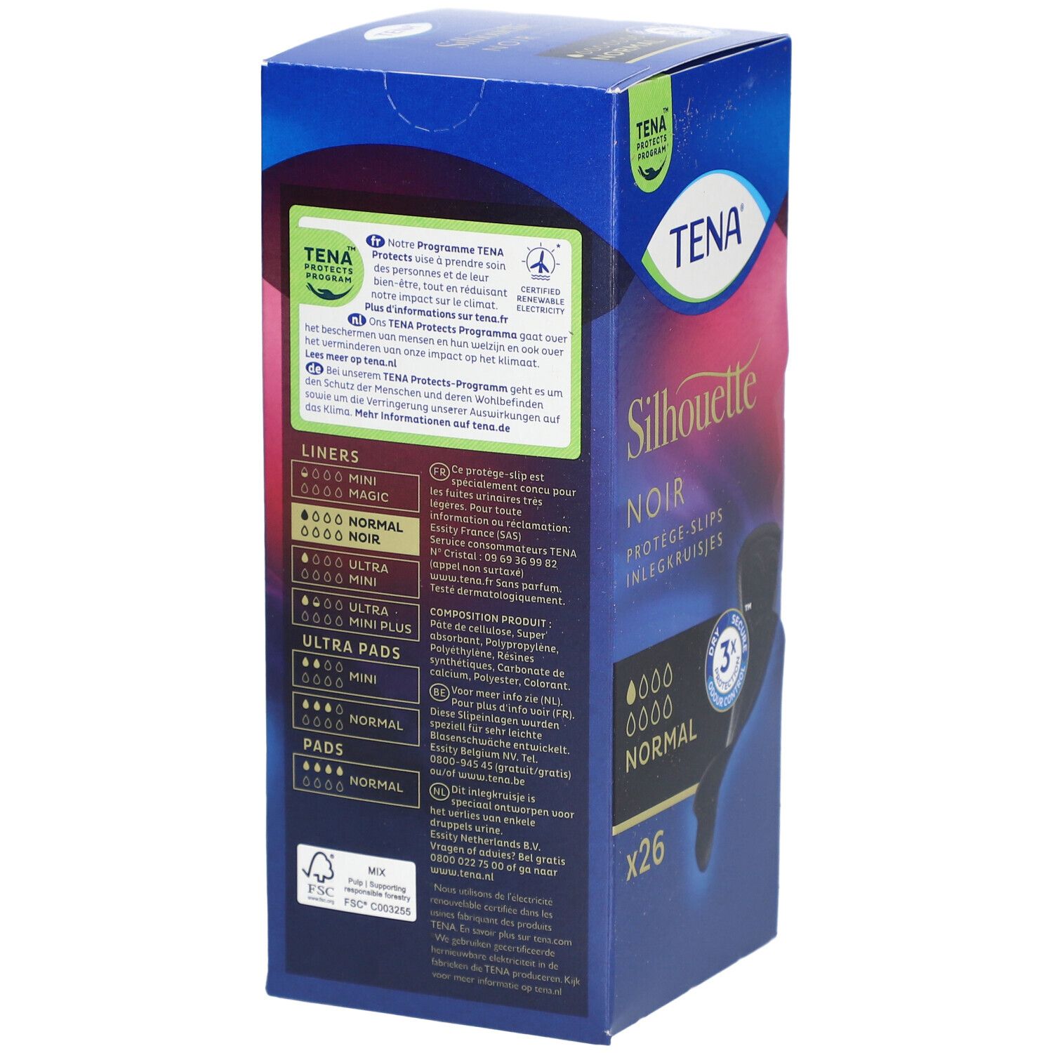 Boîte de slips de protection noirs. Inscription : Silhouette Noir, Normal, x26. Marque : TENA. Texte multilingue.
