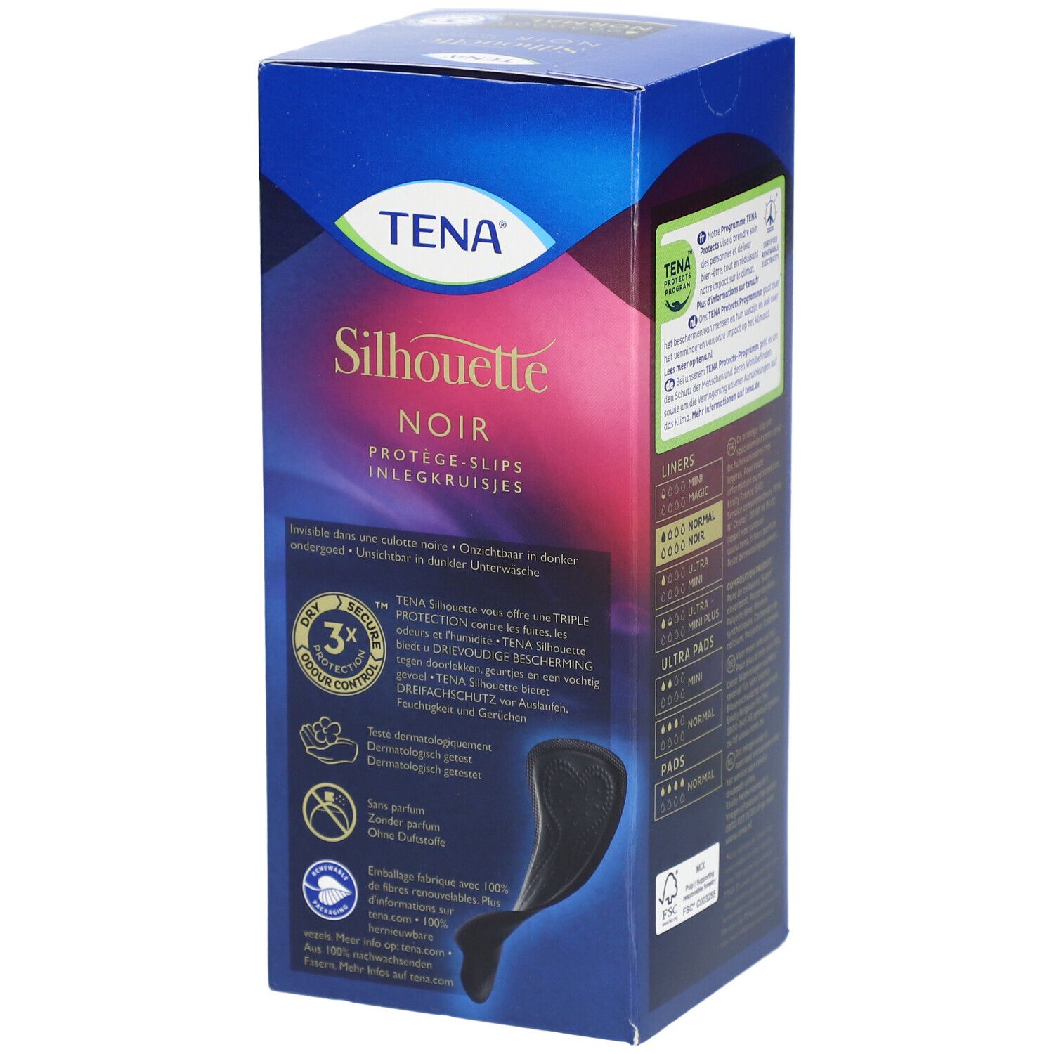 Boîte de slips de protection noirs. Inscription : Silhouette Noir, Normal, x26. Marque : TENA. Informations produit.