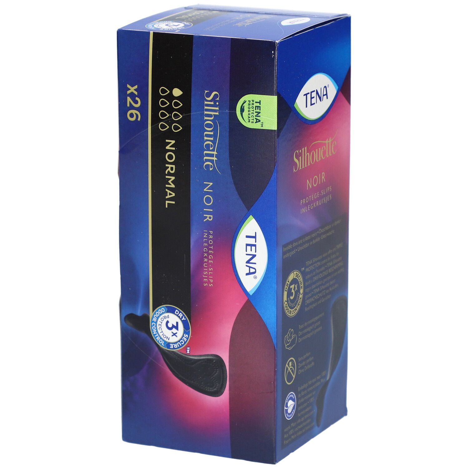 Boîte de slips de protection noirs. Inscription : Silhouette Noir, Normal, x26. Marque : TENA. Illustration du produit.