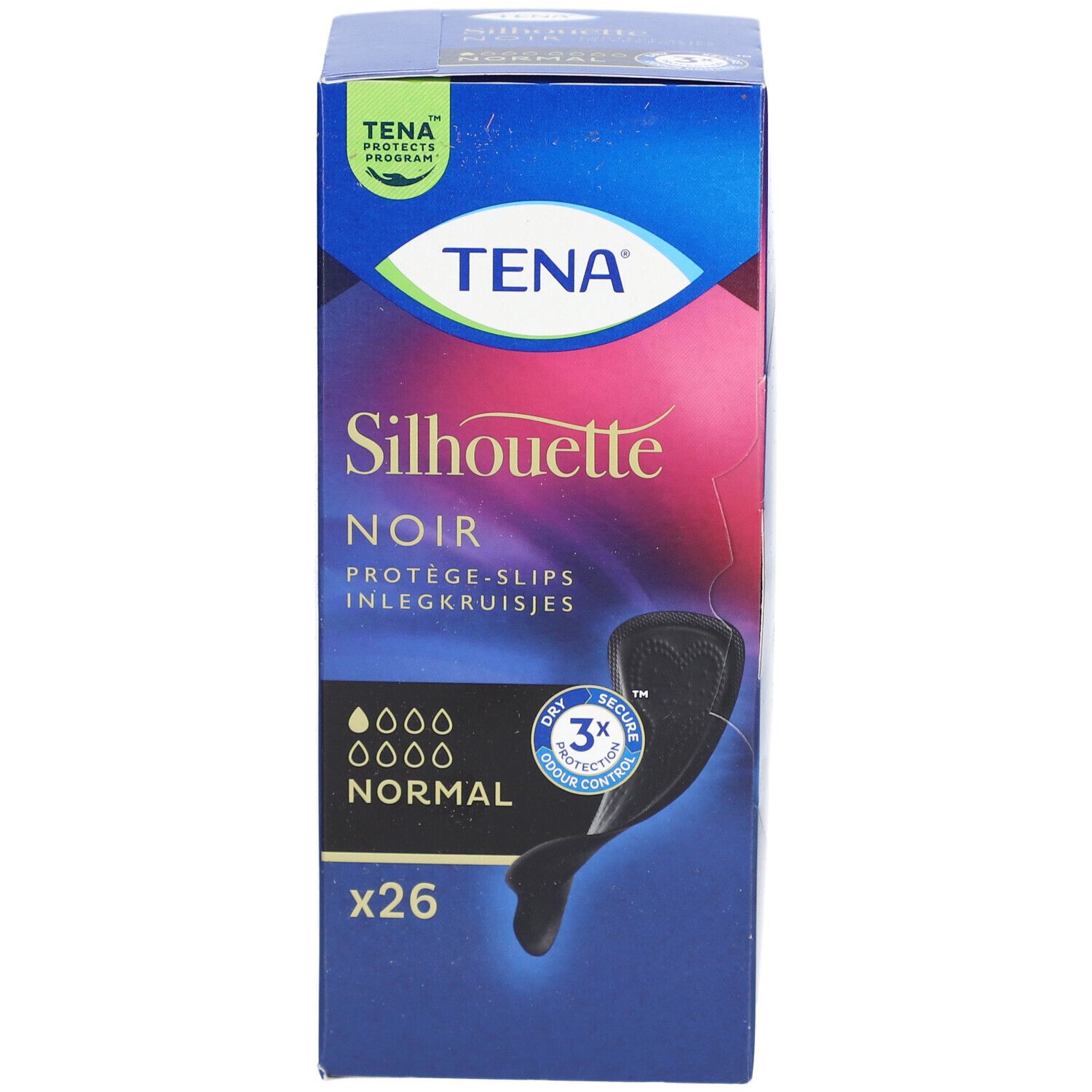 Boîte de slips de protection noirs. Inscription : Silhouette Noir, Normal, x26. Marque : TENA. Illustration du produit.
