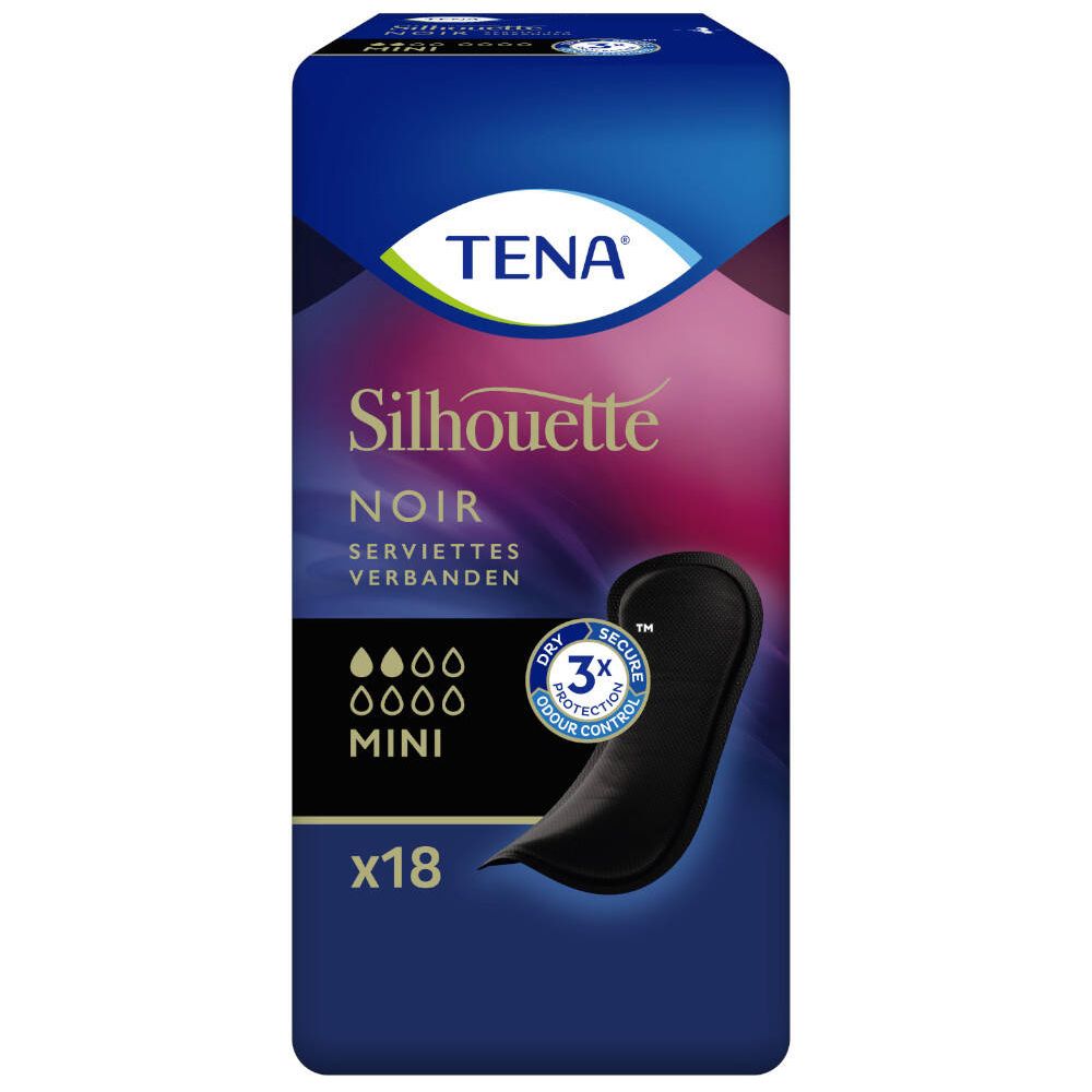 Paquet de TENA Silhouette Noir Mini. Serviette noire. 18 pièces. Logo, nom du produit et sceau 3x protection.