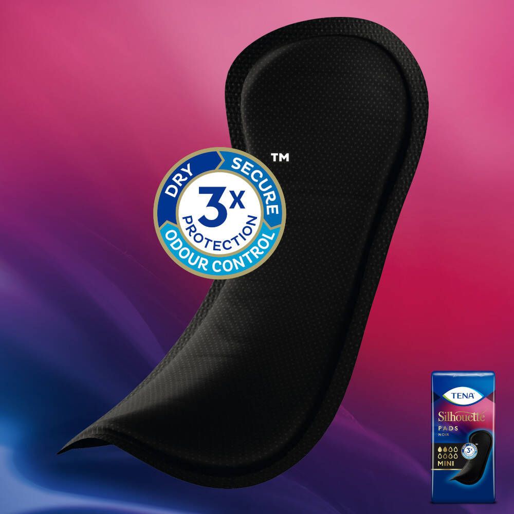 Serviette TENA Silhouette noire. Sceau 3x protection. Nom du produit et logo. Fond violet et bleu.