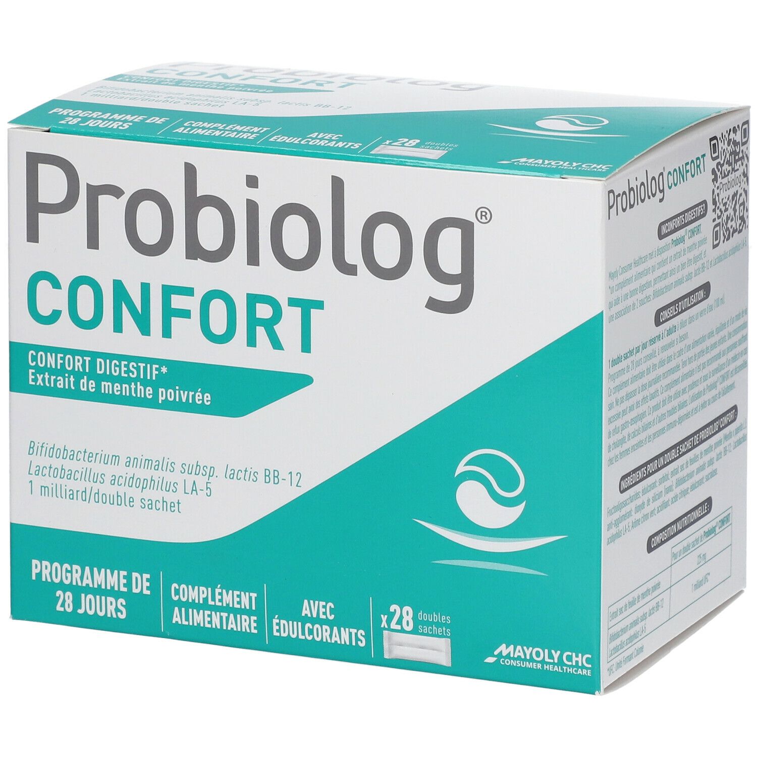 Kartonnen doos met productnaam en logo. Bevat 28 dubbele zakjes. Opschrift: Confort Digestif, extract van pepermunt.