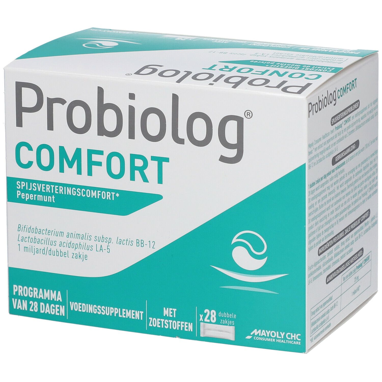 Kartonnen doos met productnaam en logo. Bevat 28 dubbele zakjes. Opschrift: Spijsverteringscomfort, Pepermunt.