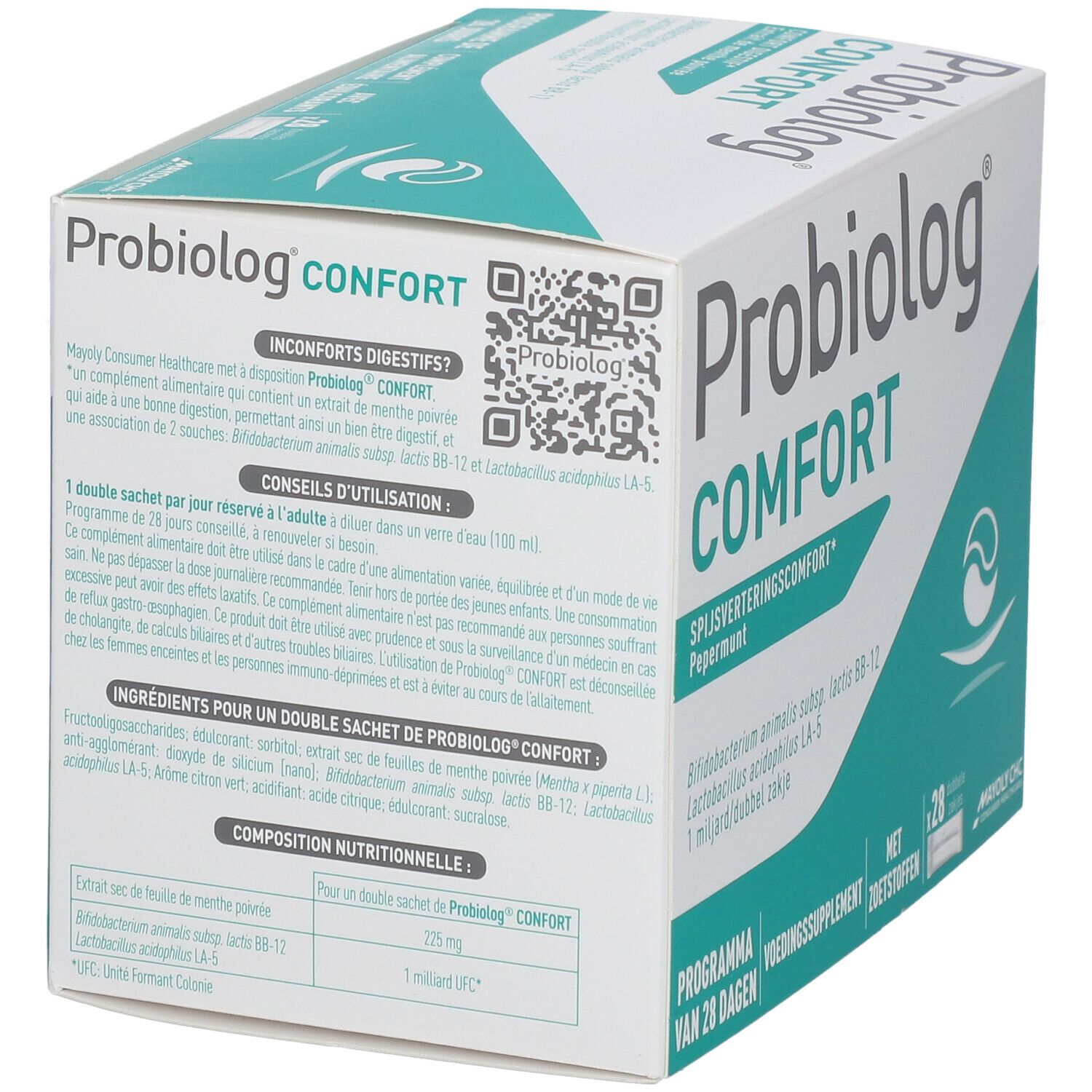 Kartonnen doos met productnaam en logo. Bevat 28 dubbele zakjes. Opschrift: Spijsverteringscomfort, Pepermunt. QR-code.