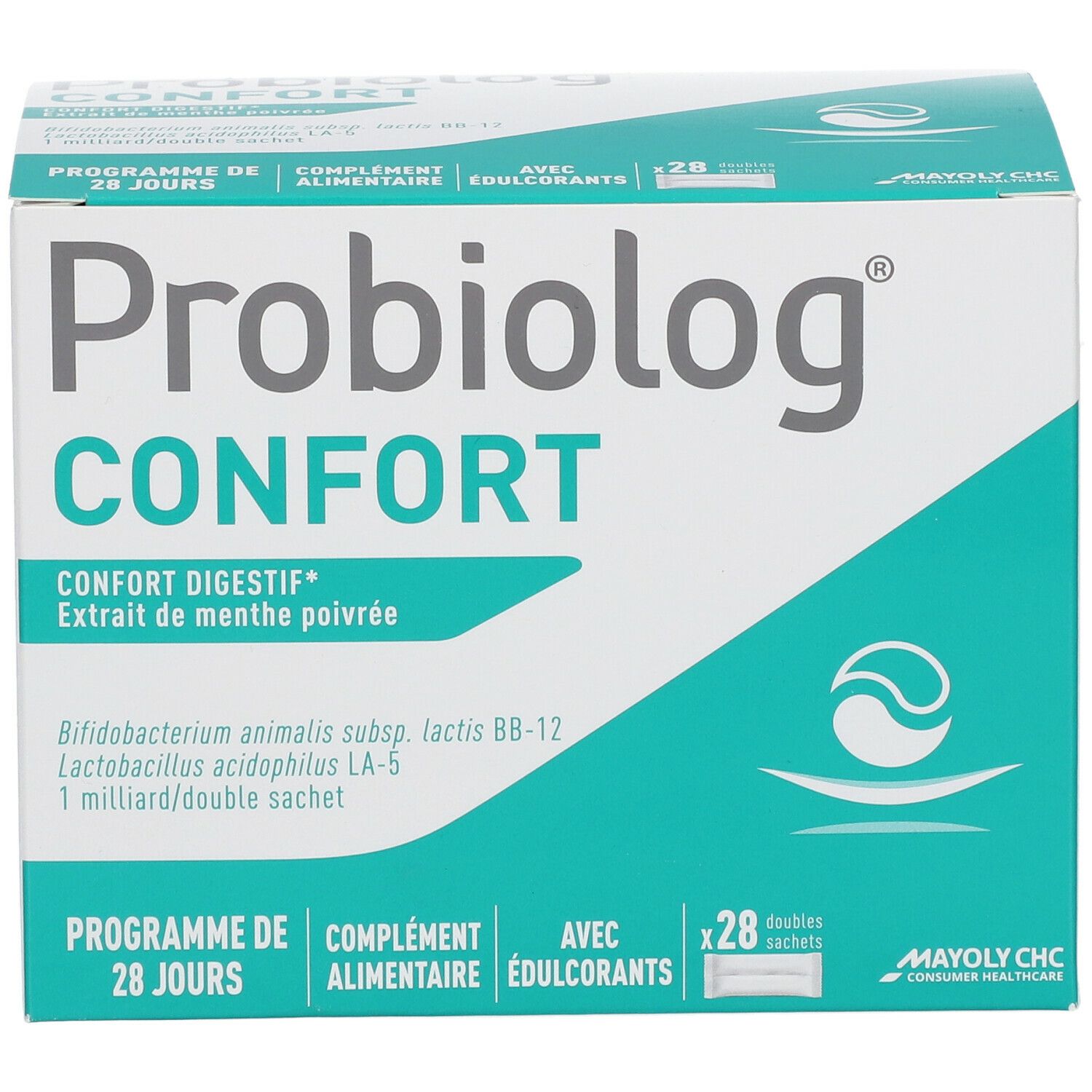 Kartonnen doos met productnaam en logo. Bevat 28 dubbele zakjes. Opschrift: Confort Digestif, extract van pepermunt.