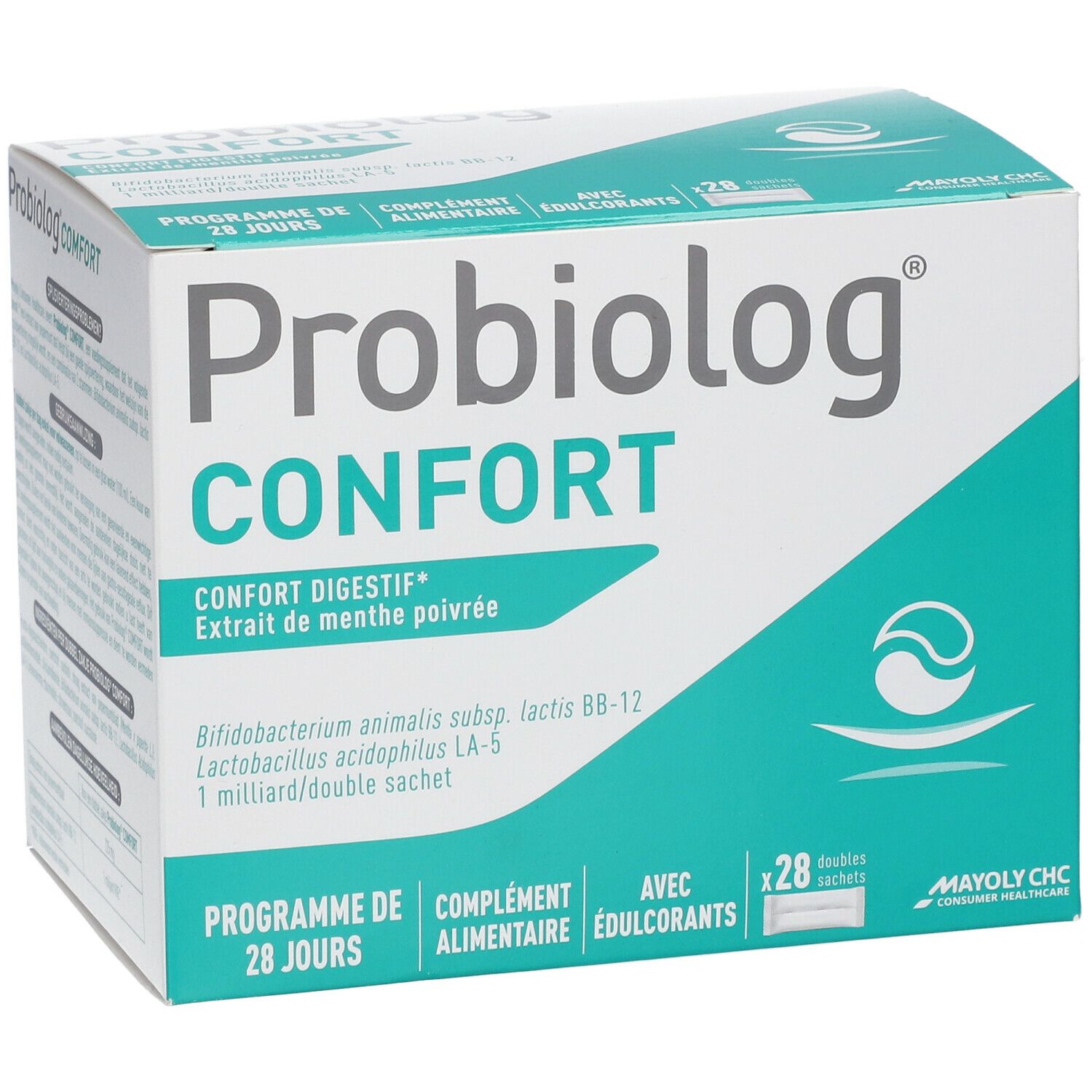 Kartonnen doos met productnaam en logo. Bevat 28 dubbele zakjes. Opschrift: Confort Digestif, extract van pepermunt.