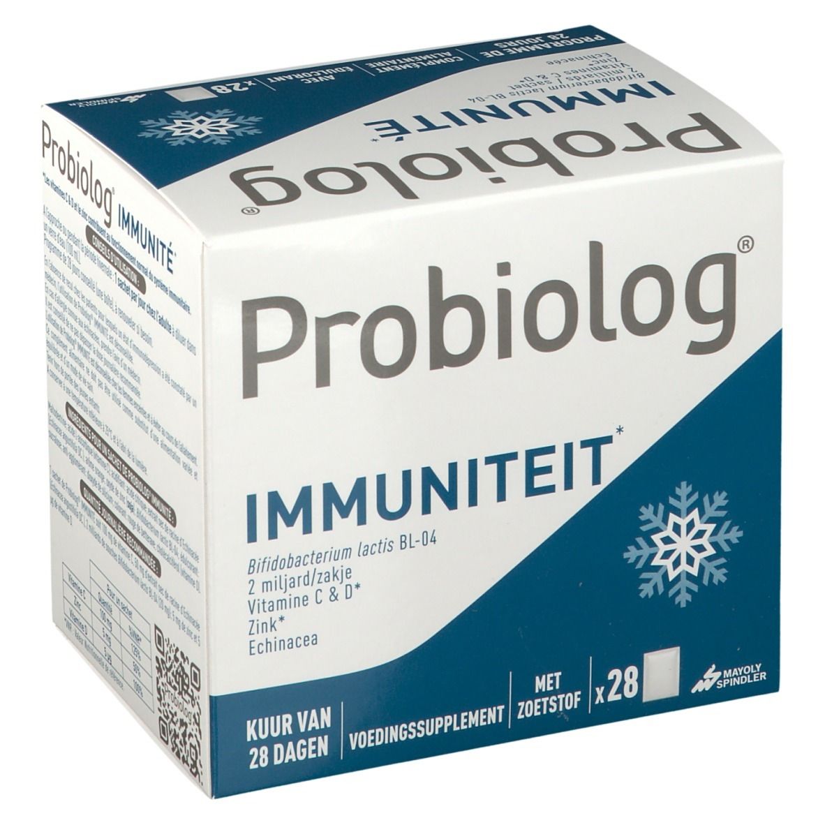 Witte doos met blauw design. Opschrift: Probiolog Immuniteit, 28 dagen kuur, voedingssupplement. Bevat 28 zakjes.