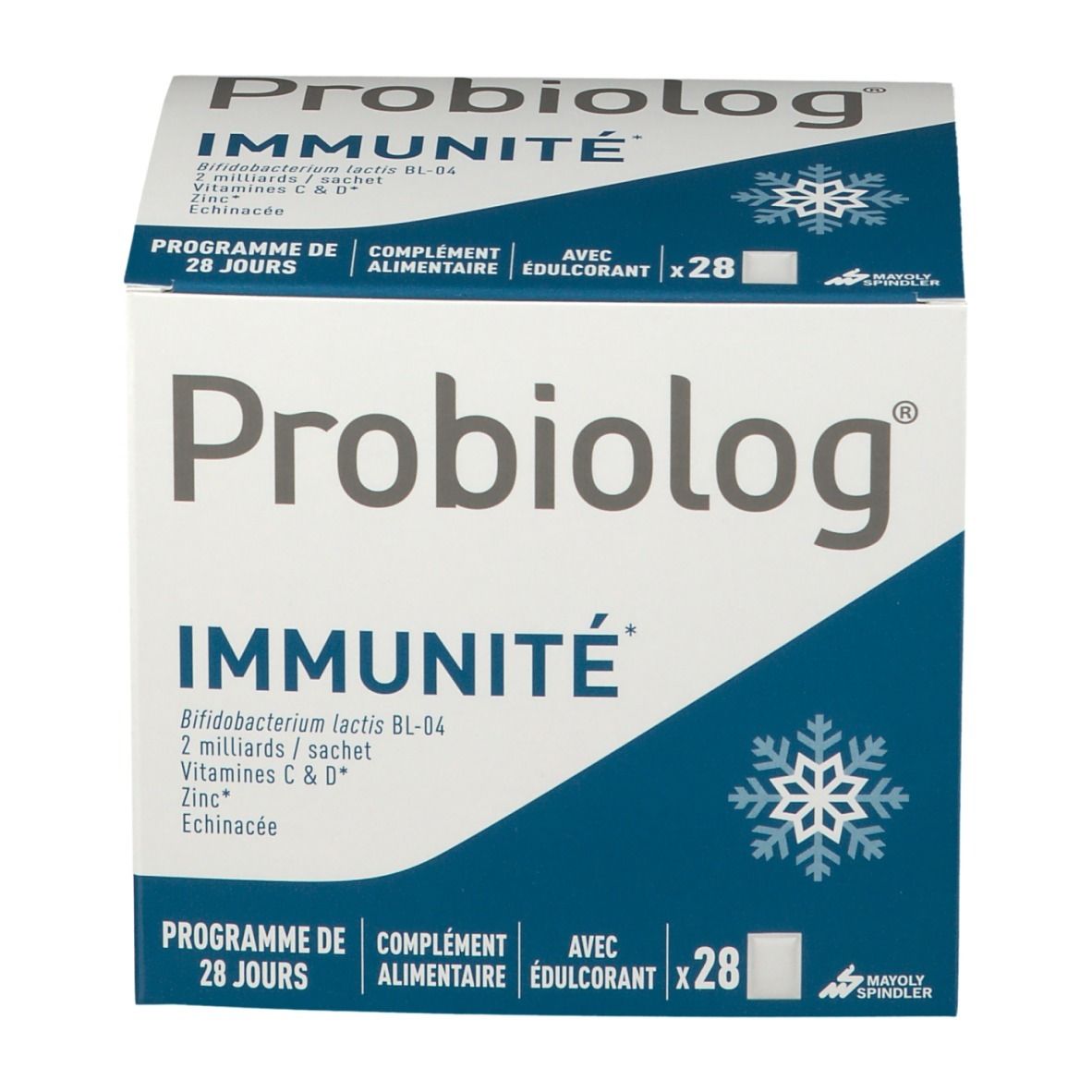 Witte doos met blauw design. Opschrift: Probiolog Immunité, 28 dagen programma, voedingssupplement. Bevat 28 zakjes.