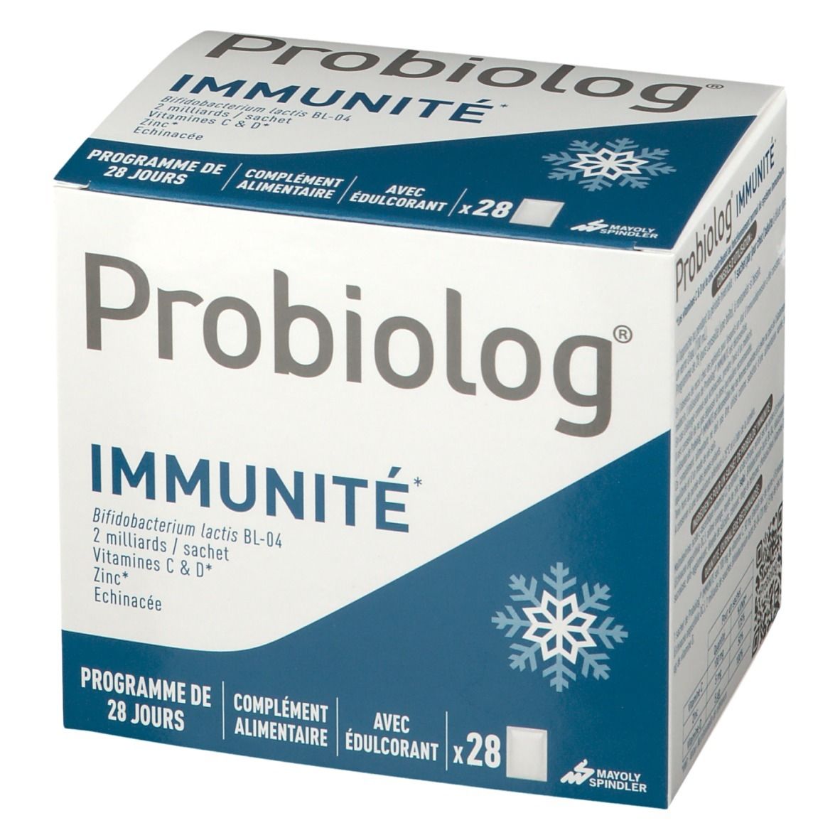 Witte doos met blauw design. Opschrift: Probiolog Immunité, 28 dagen programma, voedingssupplement. Bevat 28 zakjes.
