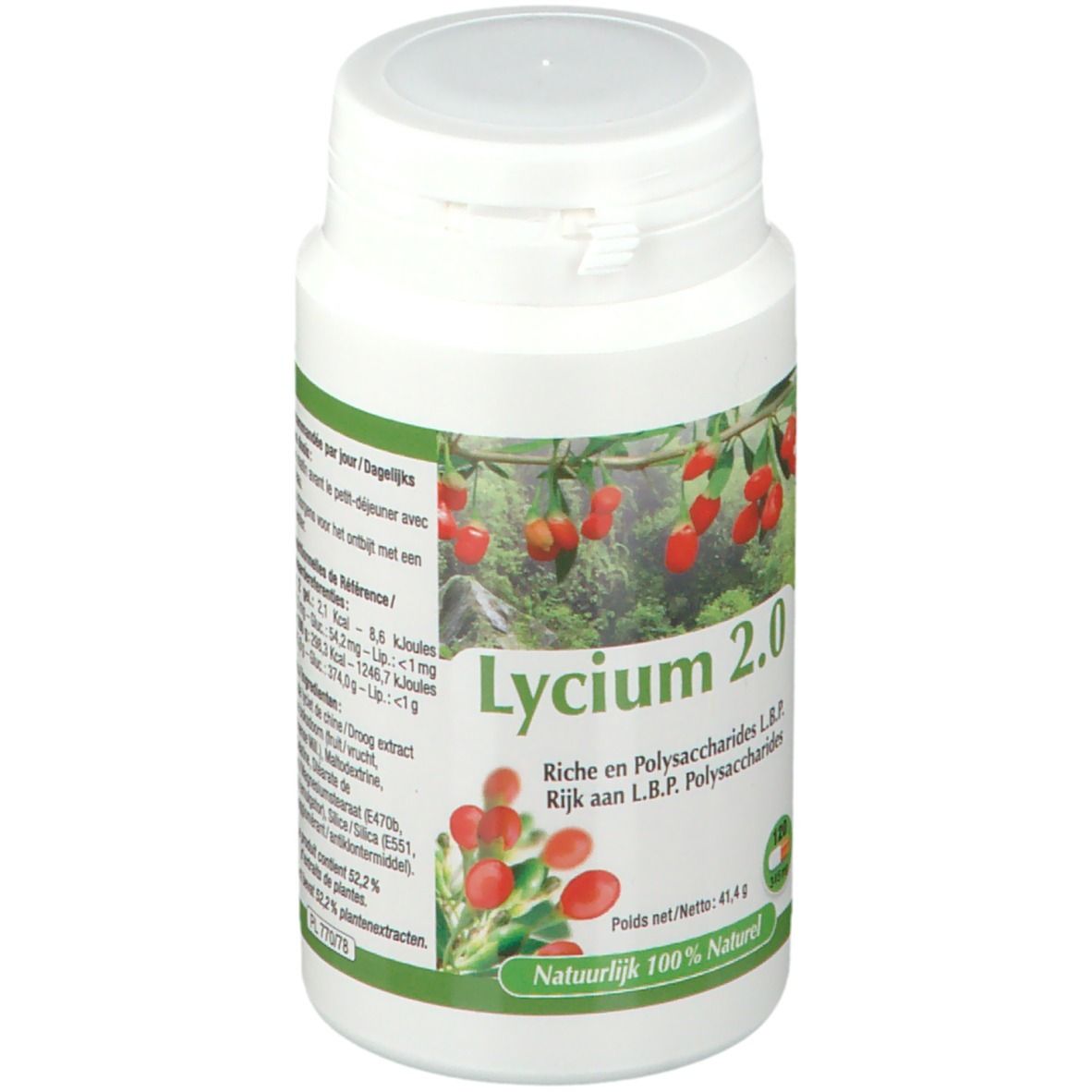 Witte fles met groen etiket. Opschrift: Lycium 2.0. Afbeelding van rode bessen. Tekst in het Frans en Nederlands.