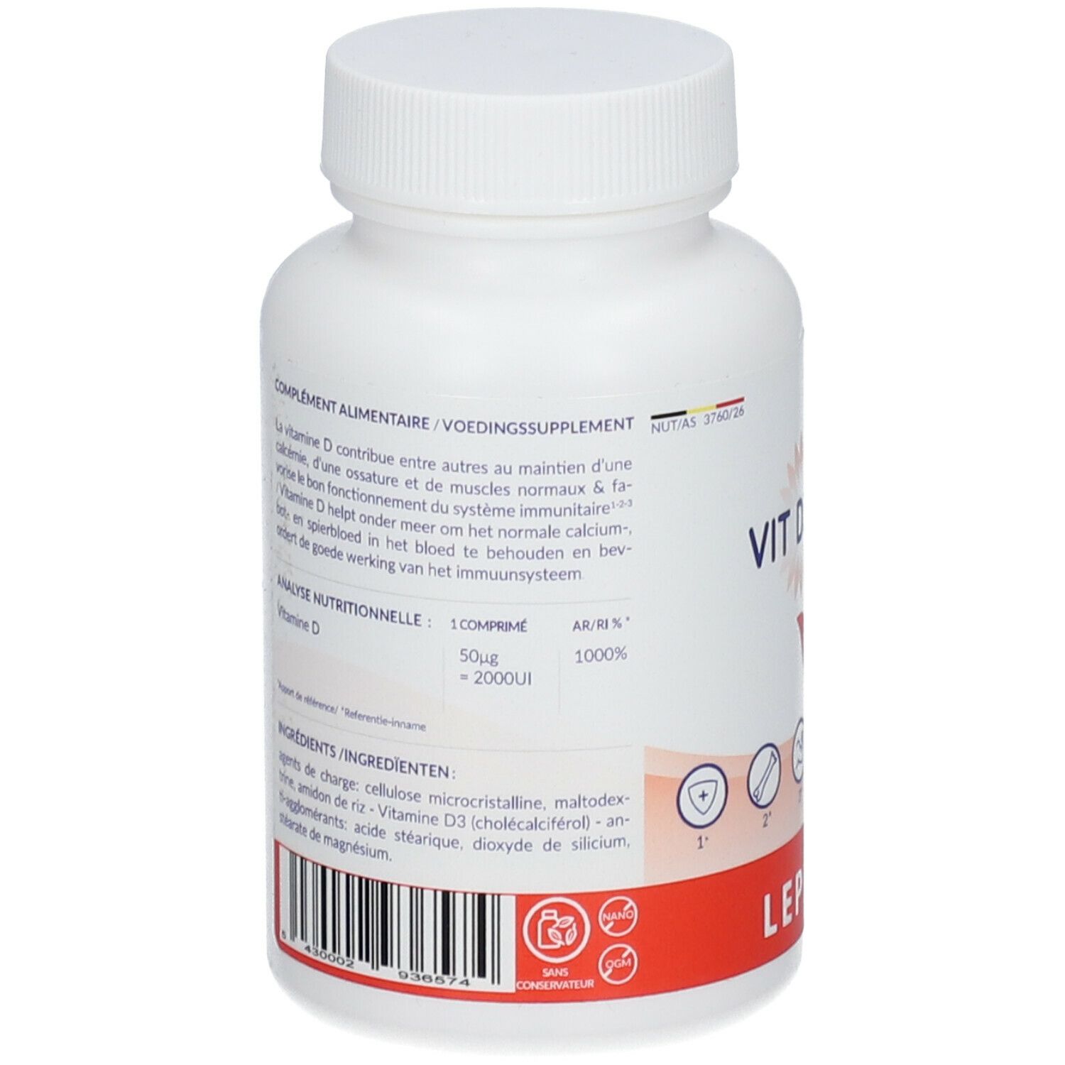 Flacon blanc avec étiquette rouge. Texte: Vitamine D3, ingrédients, informations nutritionnelles. Inscription: Leppin.