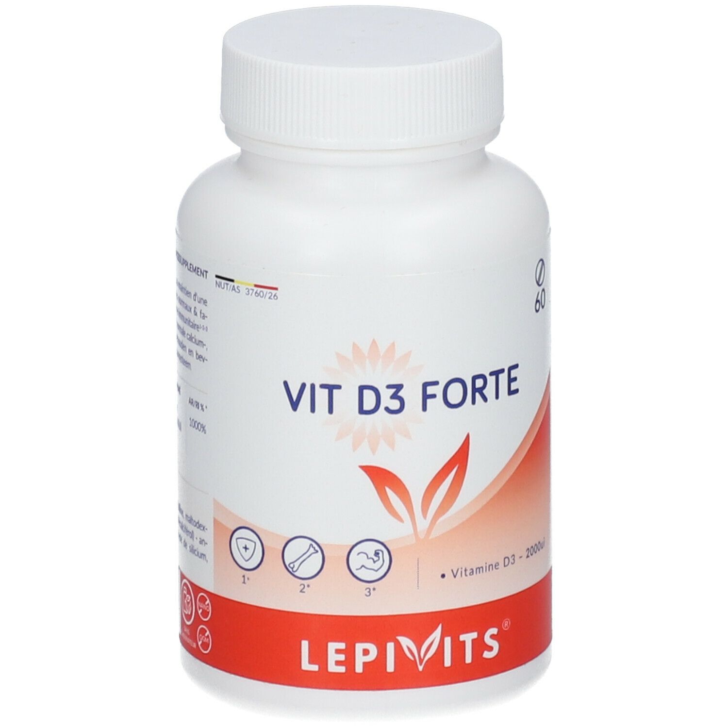 Flacon blanc avec étiquette rouge. Inscription: VIT D3 FORTE, Lephivits. 60 comprimés. Vitamine D3 2000UI.