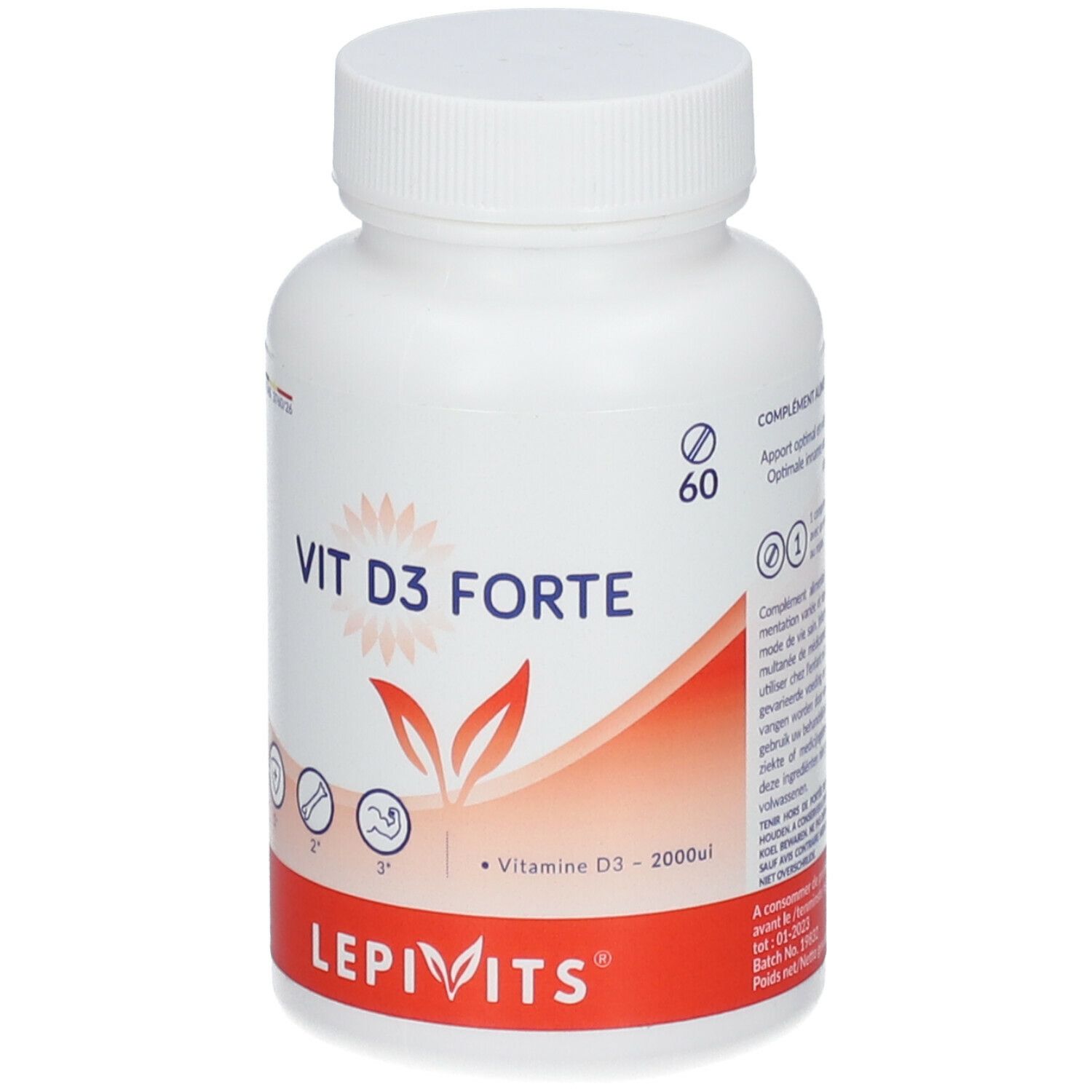 Flacon blanc avec étiquette rouge. Inscription: VIT D3 FORTE, Lephivits. 60 comprimés. Vitamine D3 2000UI.