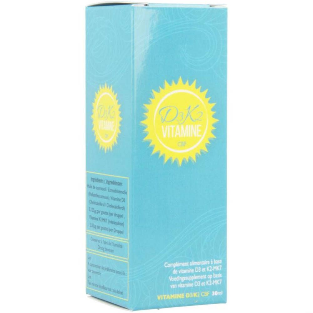 Boîte turquoise avec logo jaune et texte. Contient des informations sur les ingrédients et la valeur nutritionnelle.