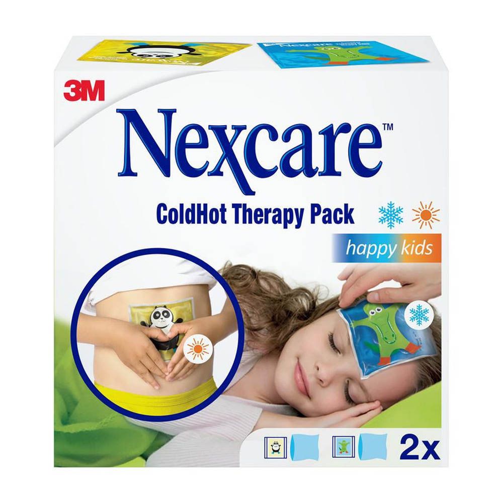 Verpakking Nexcare ColdHot Therapy Pack Happy Kids. Bevat twee warm/koud kompressen met dierlijke ontwerpen. 3M-logo.