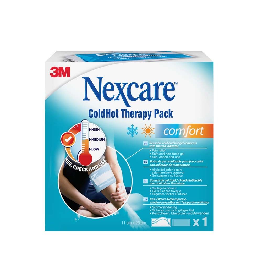 Verpackung von Nexcare ColdHot Therapy Pack. Thermometer-Indikator, 11x20 cm. Produktabbildung mit Bein. 3M Logo.
