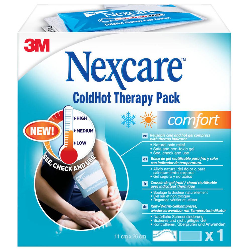 Verpackung mit Produktnamen und Thermometer-Indikator. Enthält ein Kalt-Warm-Gel-Kompressen-Pack.