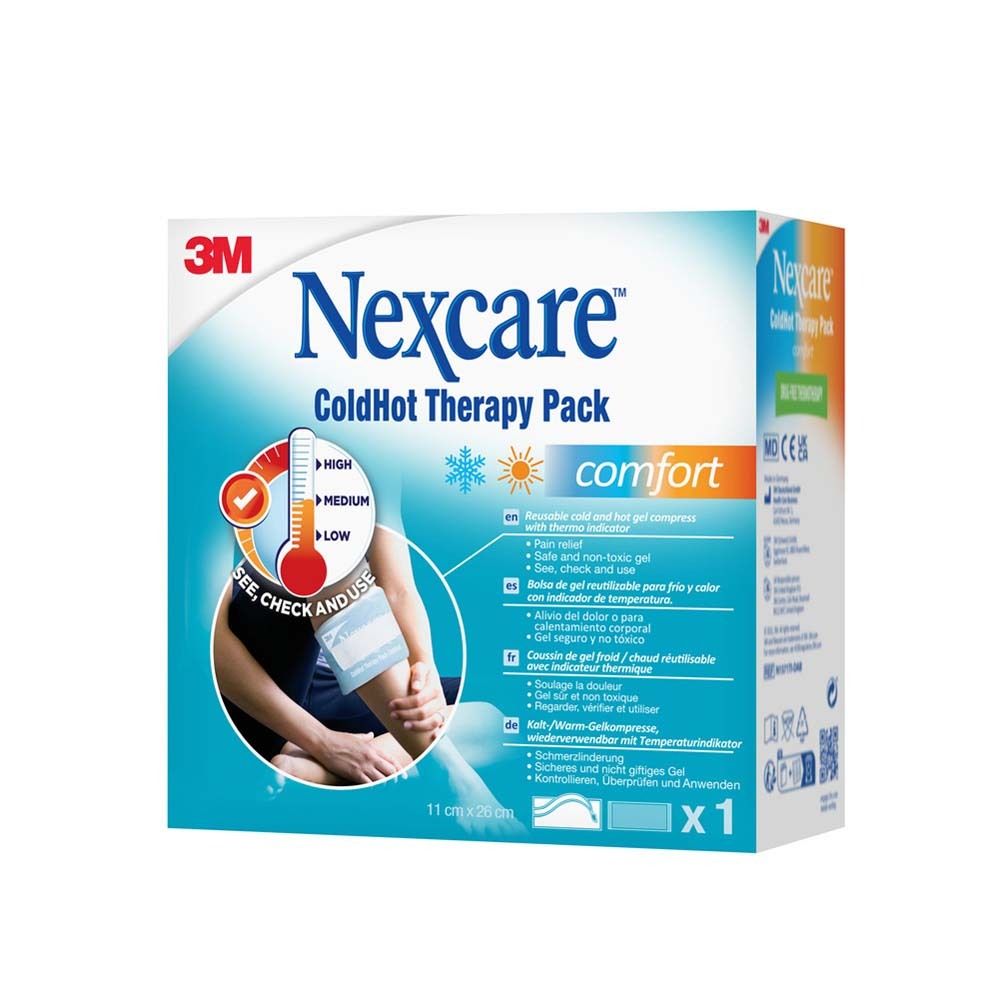 Verpackung von Nexcare ColdHot Therapy Pack. Produktabbildung, 99% biologisch abbaubar. 3M Logo.