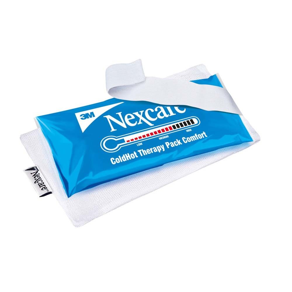 Verpackung von Nexcare ColdHot Therapy Pack. Thermometer-Indikator, 11x20 cm. Produktabbildung mit Bein. 3M Logo.