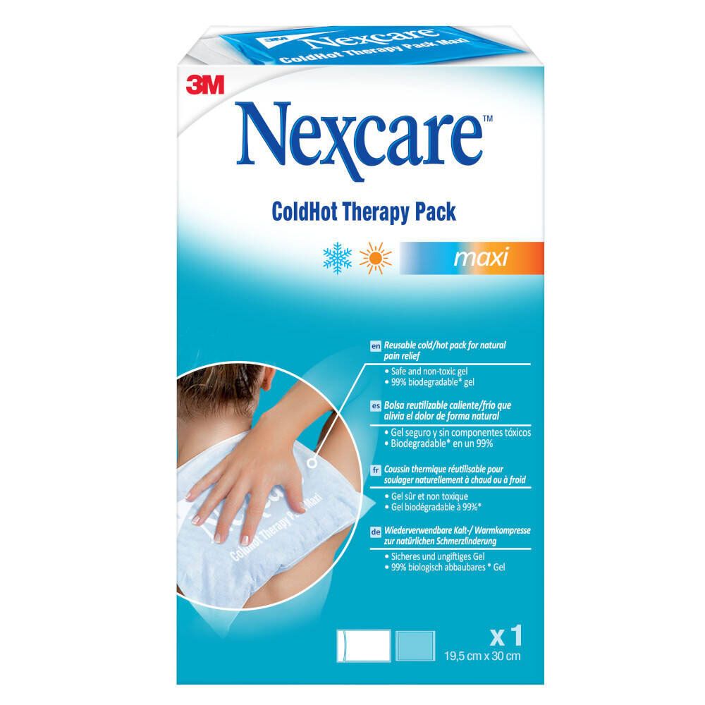 Emballage Nexcare ColdHot Therapy Pack Maxi. Application sur l'épaule. Contient du gel réutilisable. Dimensions : 19,5 x 30 cm.