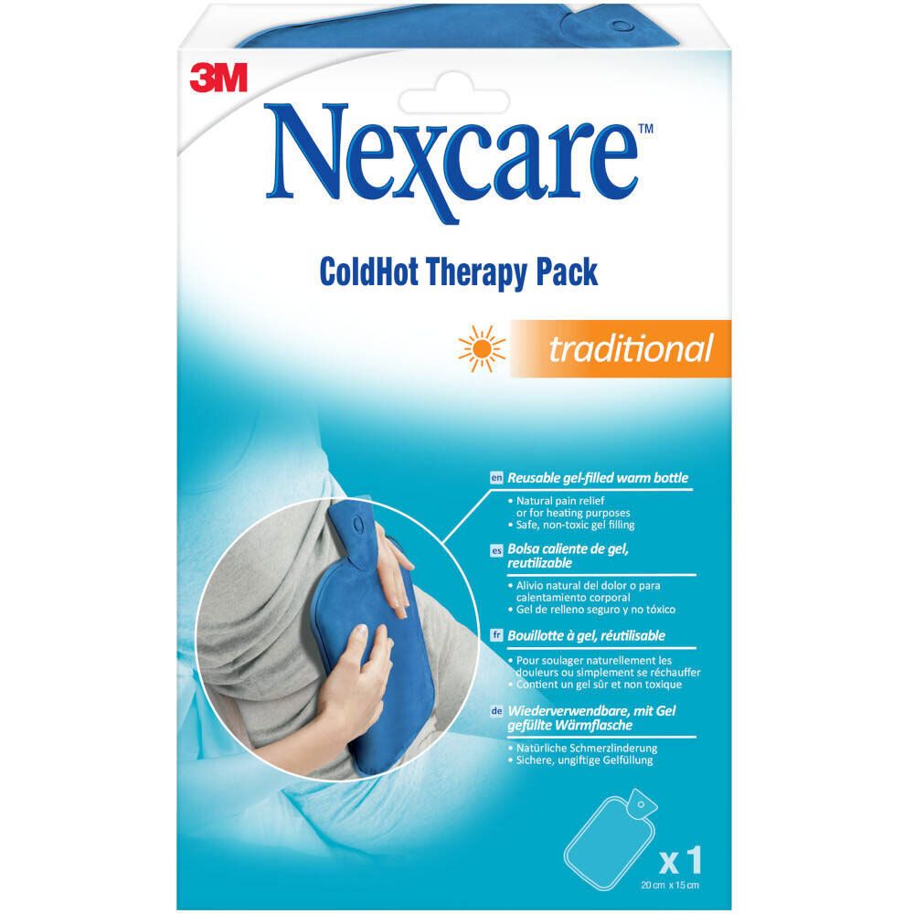 3M Nexcare ColdHot Therapy Pack. Blaue Wärmflasche in Verpackung. Text: Reusable gel-filled warm bottle. 20x15cm.