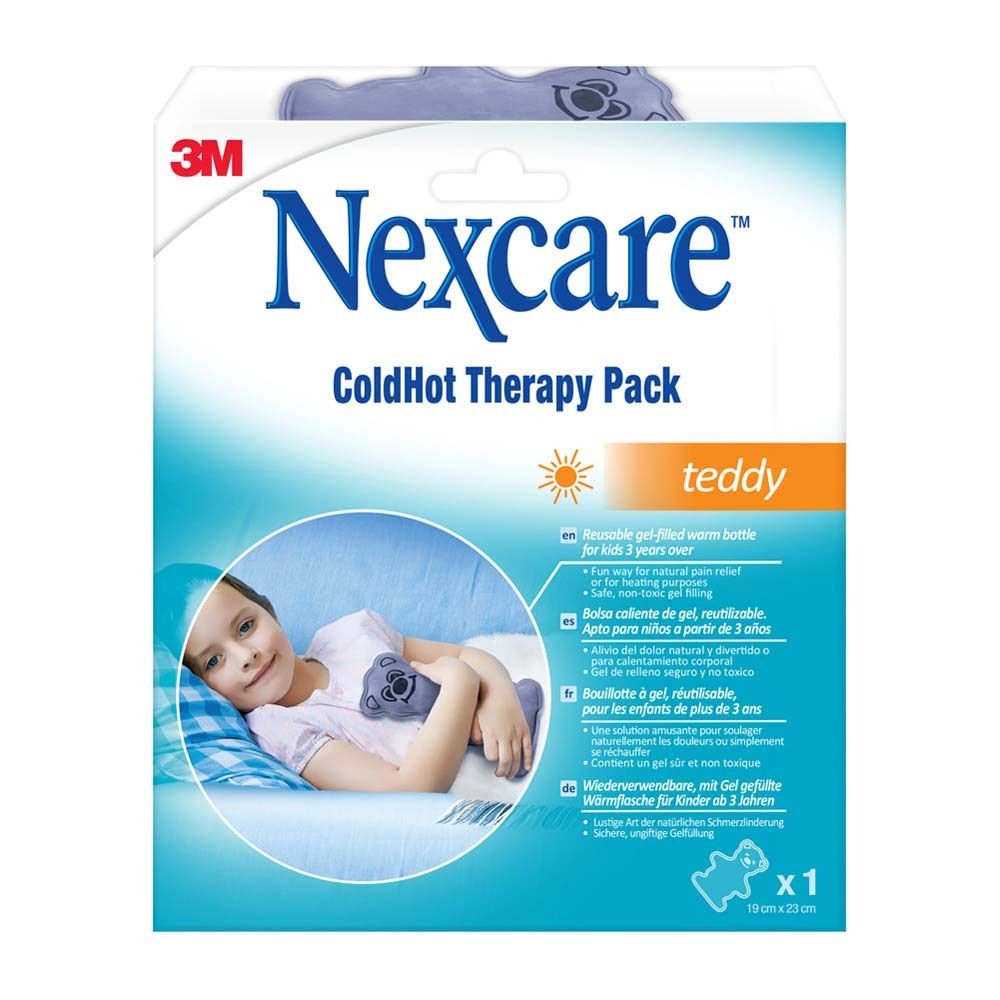 3M Nexcare ColdHot Therapy Pack Teddy Verpackung. Kind mit Kissen. Produktname und Marke sichtbar.