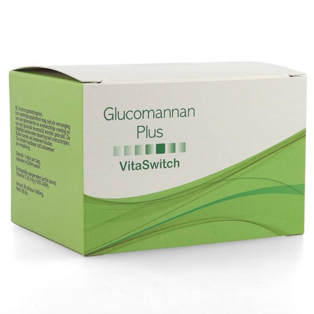 Boîte blanche et verte. Inscription: Glucomannan Plus, VitaSwitch. Motifs ondulés verts et blancs.