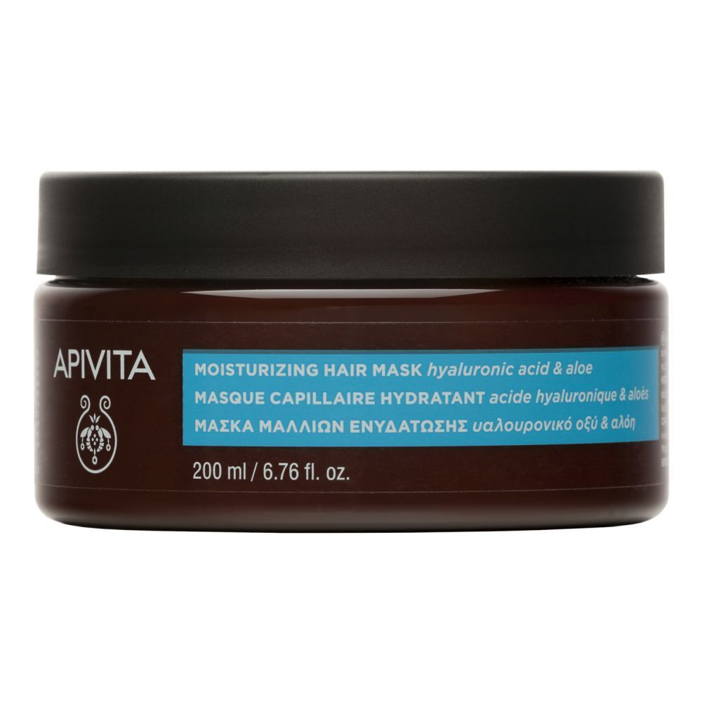 Pot avec couvercle noir. Inscription : APIVITA, Masque capillaire hydratant, acide hyaluronique & aloe vera.