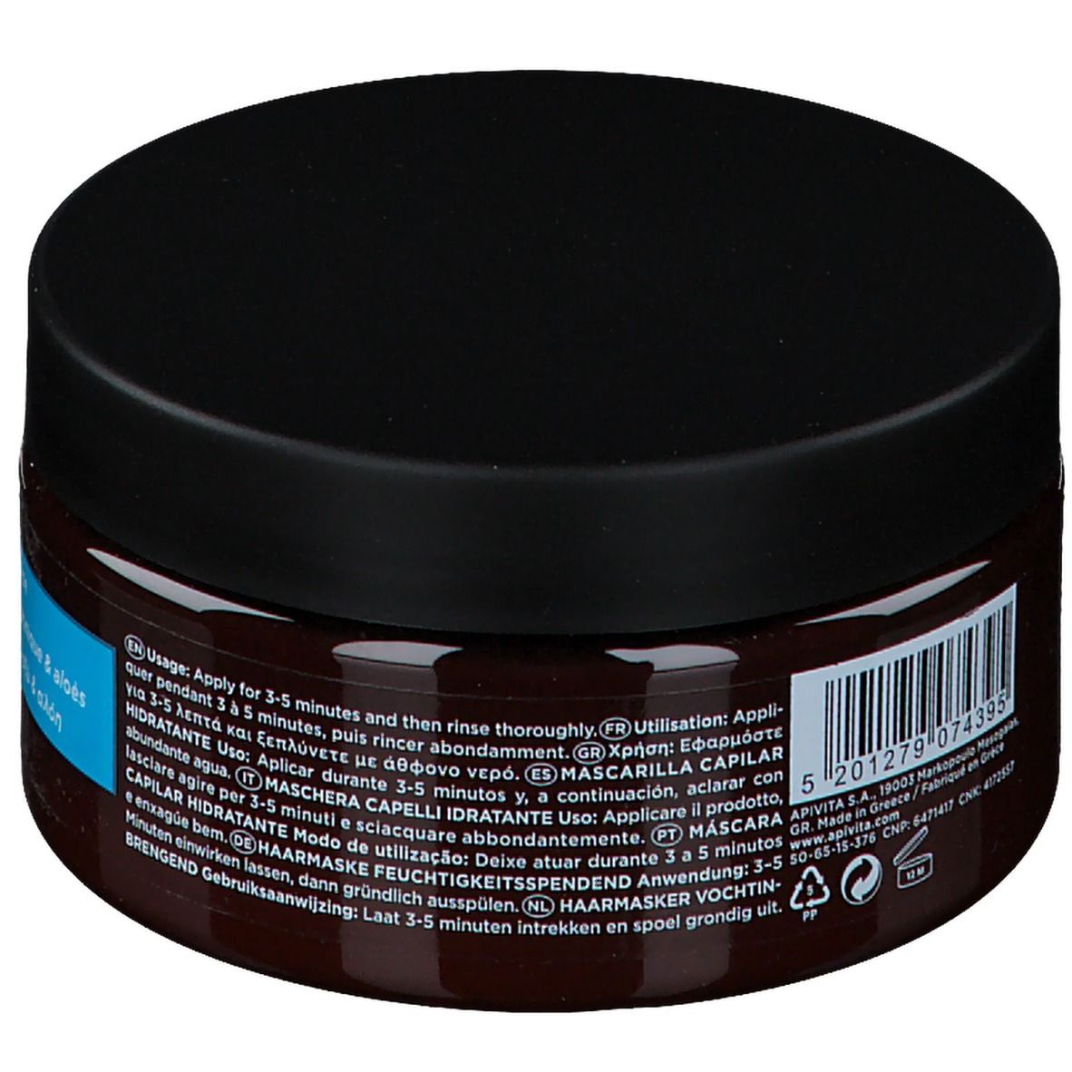Pot marron avec couvercle noir. Inscription : APIVITA, Masque capillaire hydratant, mode d'emploi.