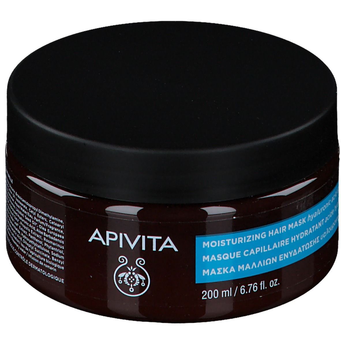 Pot marron avec couvercle noir. Inscription : APIVITA, Masque capillaire hydratant, acide hyaluronique & aloe vera.