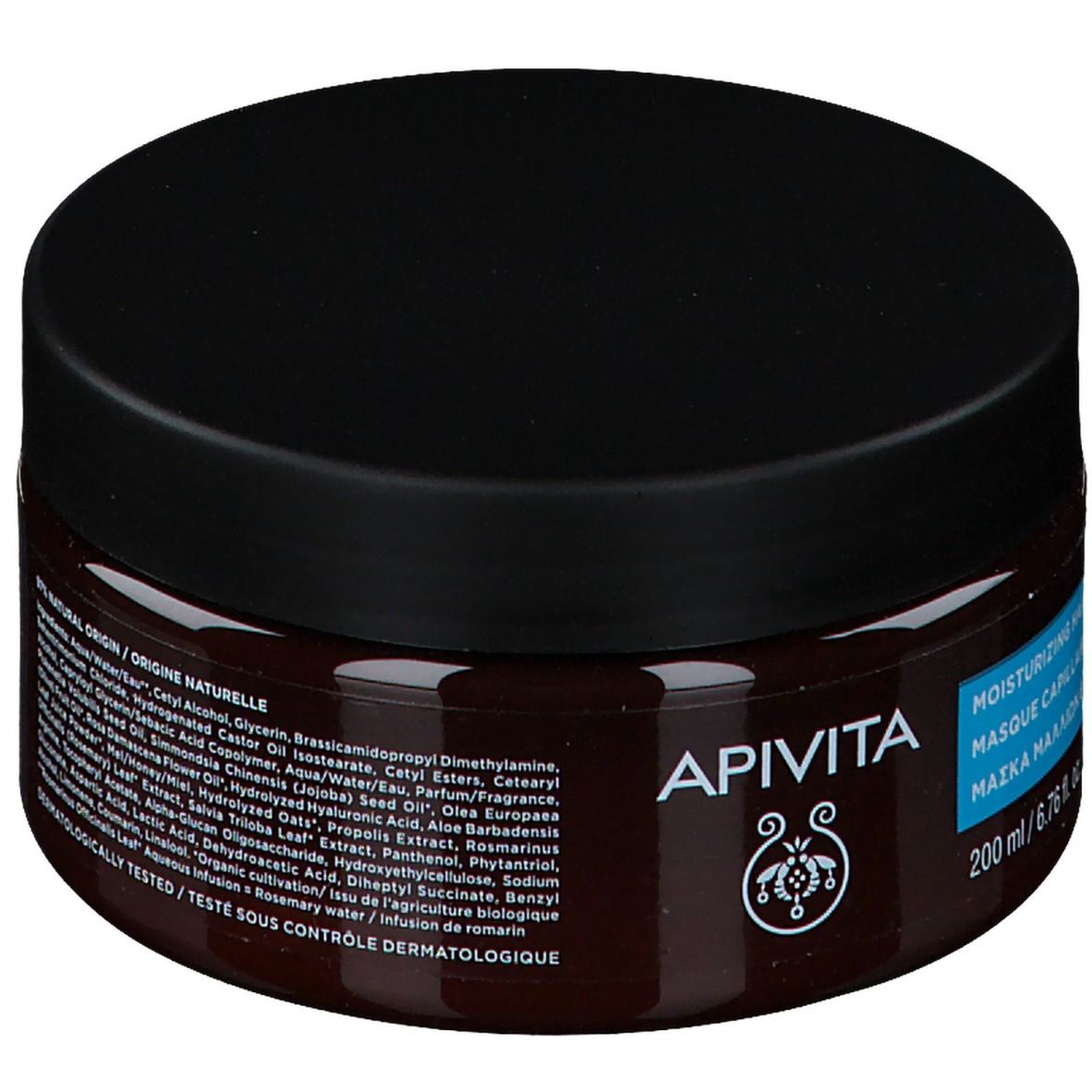 Pot marron avec couvercle noir. Inscription : APIVITA, Masque capillaire hydratant, ingrédients.