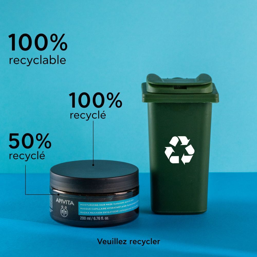 Produit et symbole de recyclage. Inscription : 100% recyclable, 100% recyclé, 50% recyclé.