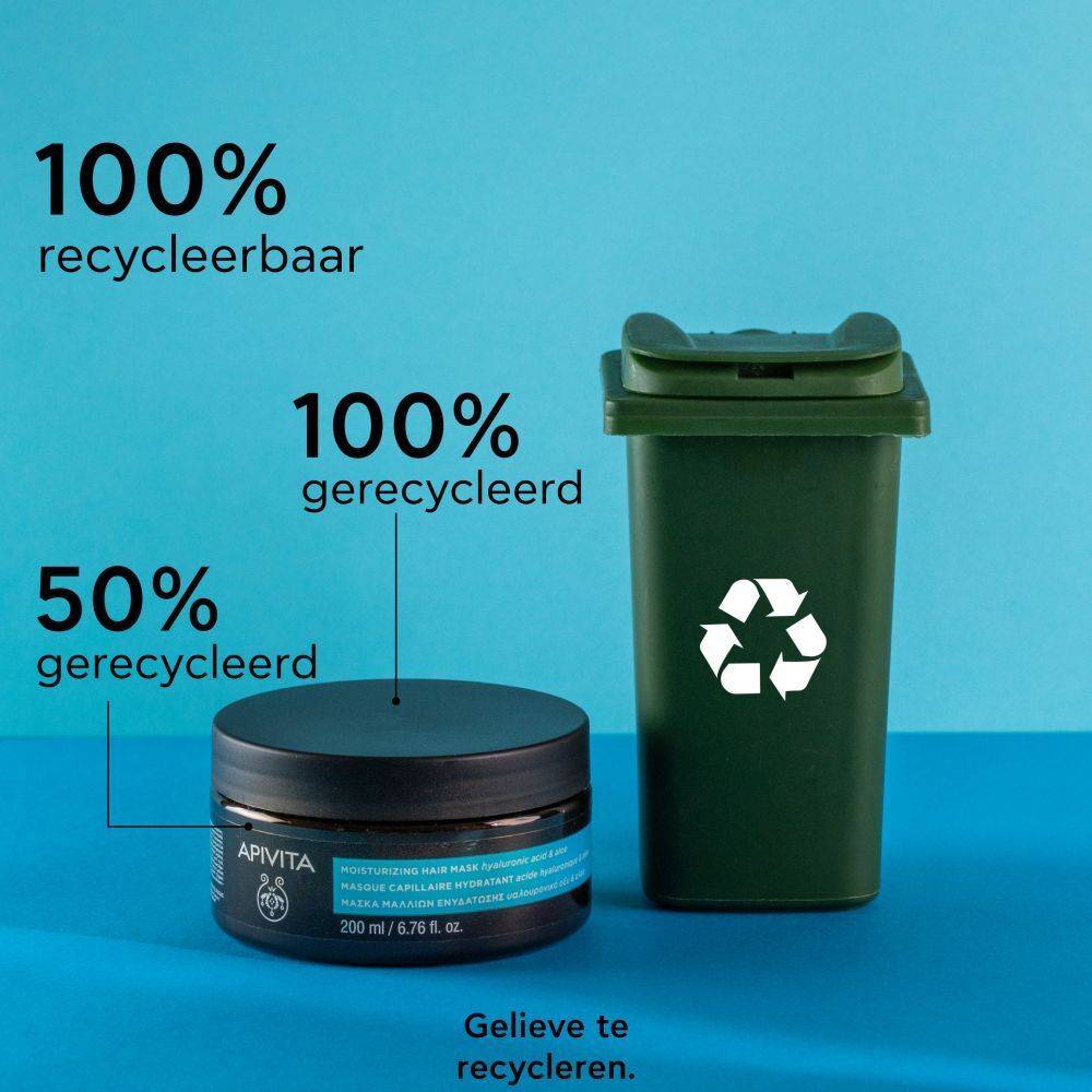 Product en recyclagesymbool. Opschrift: 100% recyclebaar, 100% gerecycled, 50% gerecycled.