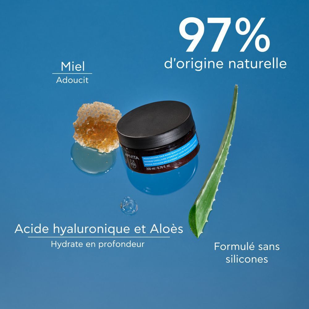 Produit avec ingrédients. Inscription : 97% d'origine naturelle, miel, acide hyaluronique & aloe vera.
