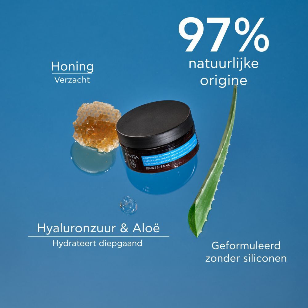 Product met ingrediënten. Opschrift: 97% natuurlijke oorsprong, honing, hyaluronzuur & aloë vera.